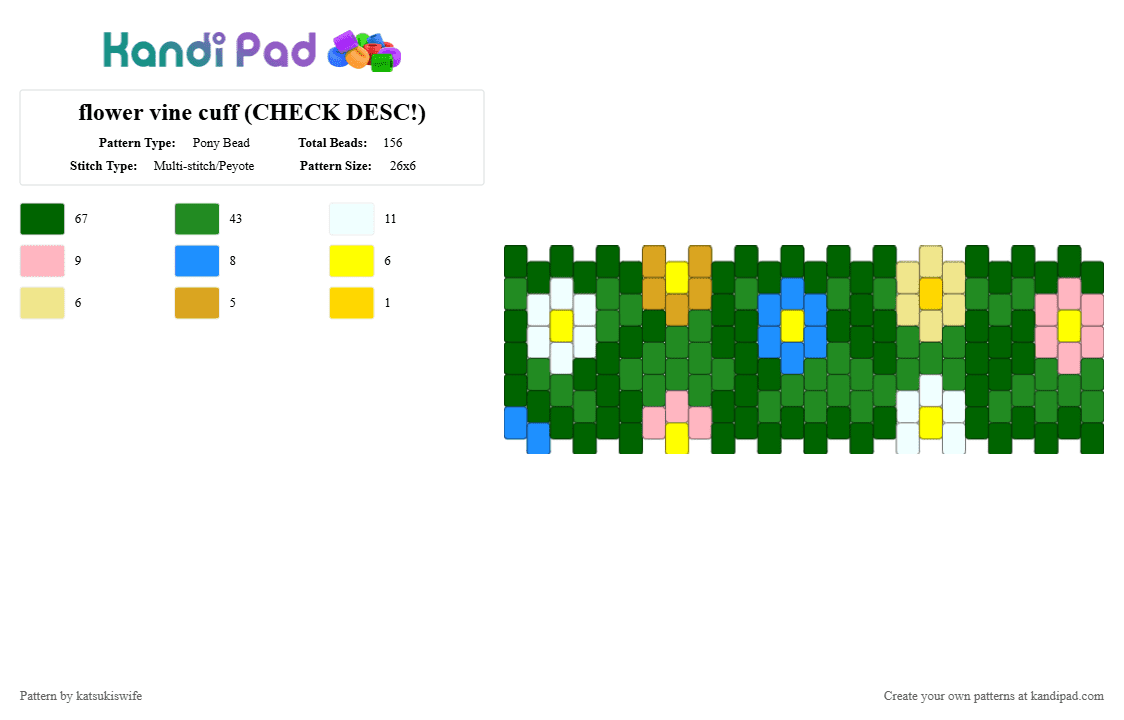 flower vine cuff (CHECK DESC!) - Pony Bead Pattern by katsukiswife on Kandi Pad - green