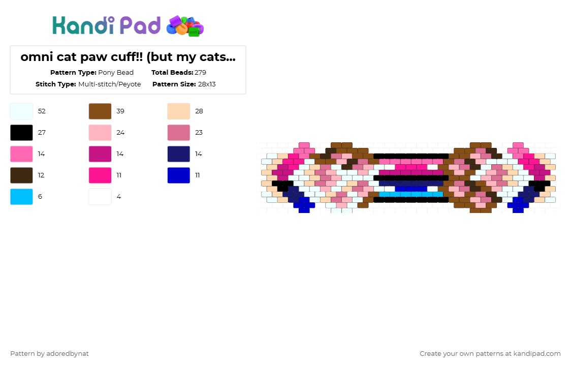 omni cat paw cuff!! (but my cats paw colors?) *REMIX* - Pony Bead Pattern by katsukiswife on Kandi Pad - pink,tan