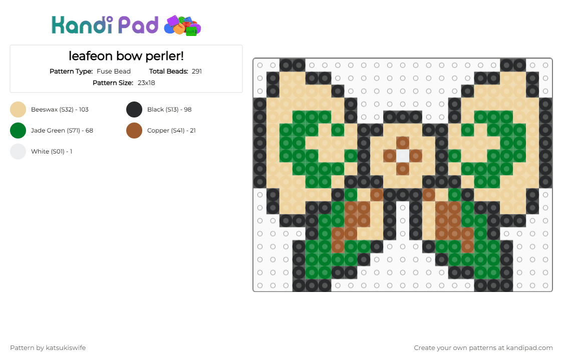 leafeon bow perler! - Fuse Bead Pattern by katsukiswife on Kandi Pad - green,beige