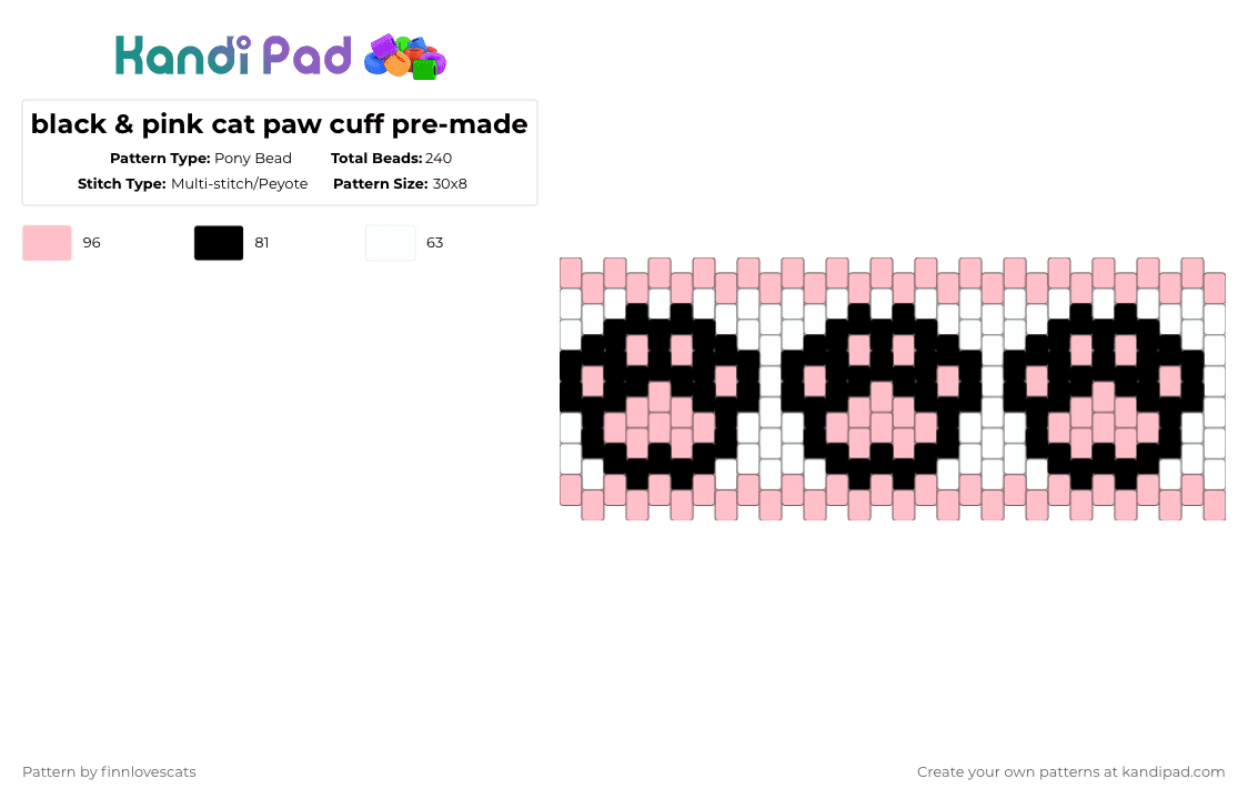 black & pink cat paw cuff pre-made - Pony Bead Pattern by katsukiswife on Kandi Pad - pink,white