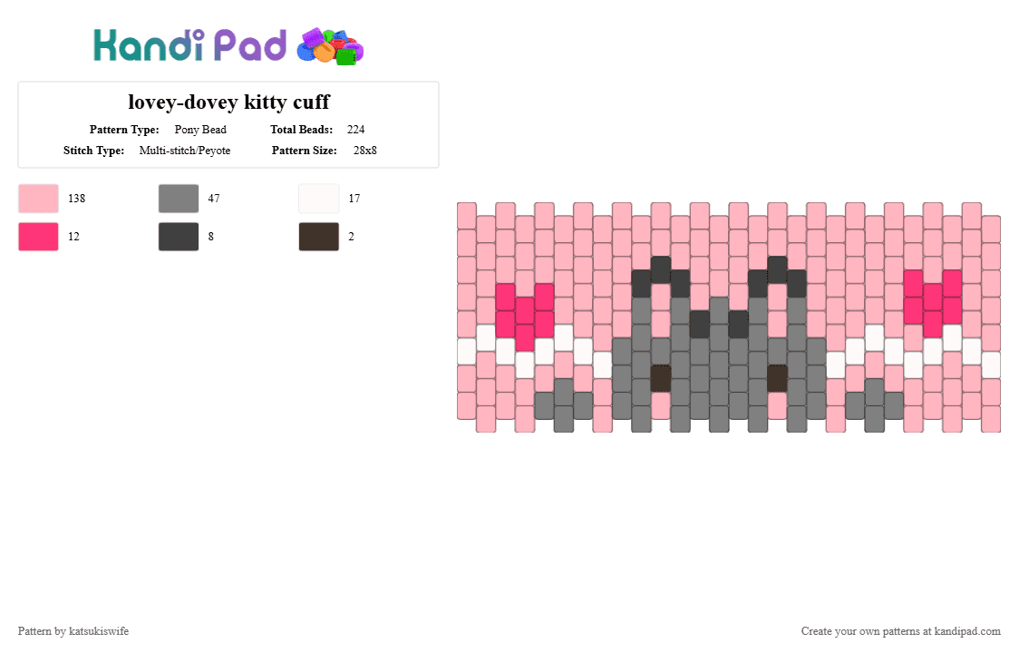 lovey-dovey kitty cuff - Pony Bead Pattern by katsukiswife on Kandi Pad - gray,pink
