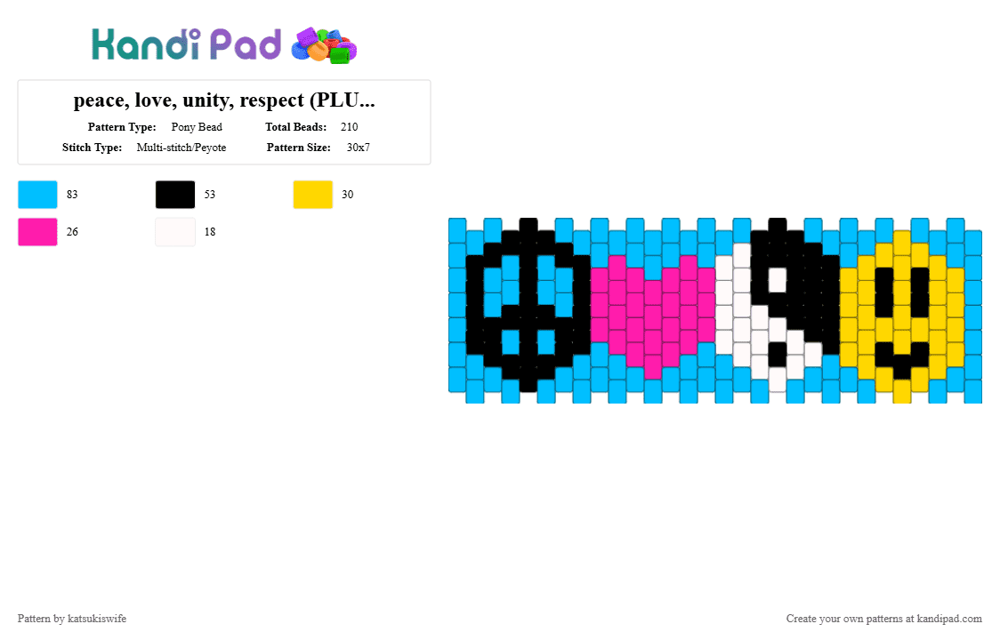 peace, love, unity, respect (PLUR) cuff - Pony Bead Pattern by katsukiswife on Kandi Pad - light blue
