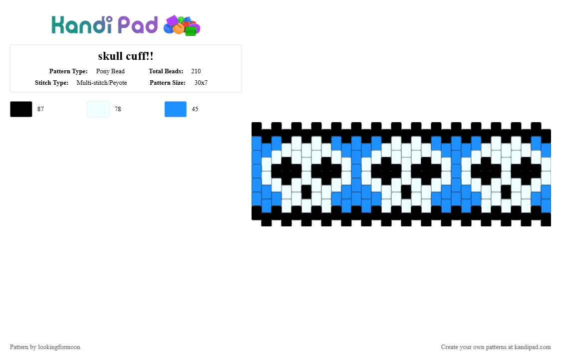 skull cuff!! - Pony Bead Pattern by katsukiswife on Kandi Pad - light blue,white