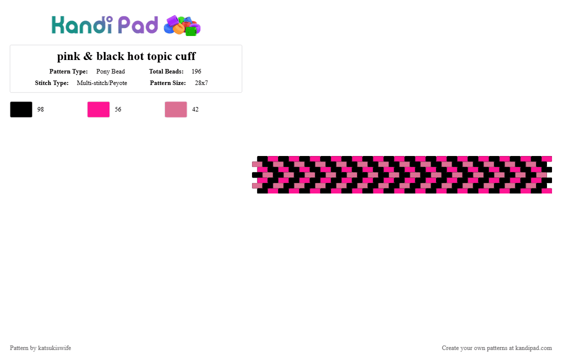 pink & black hot topic cuff - Pony Bead Pattern by katsukiswife on Kandi Pad - pink,black