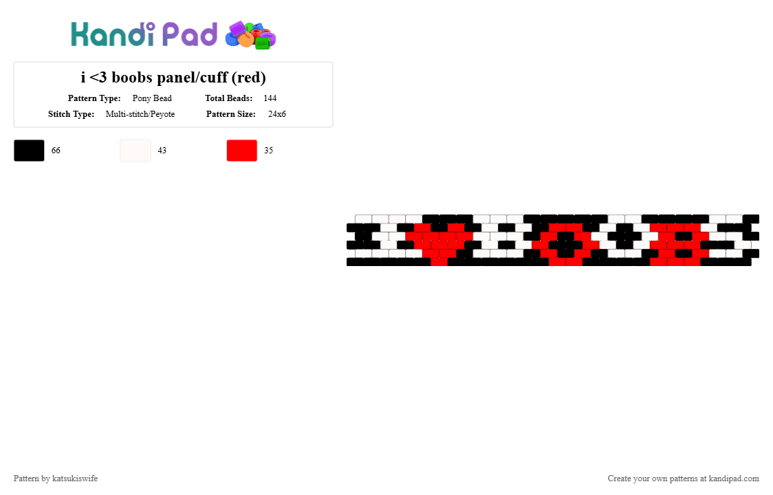 i heart boobs cuff/panel (red) - Pony Bead Pattern by katsukiswife on Kandi Pad - white,red