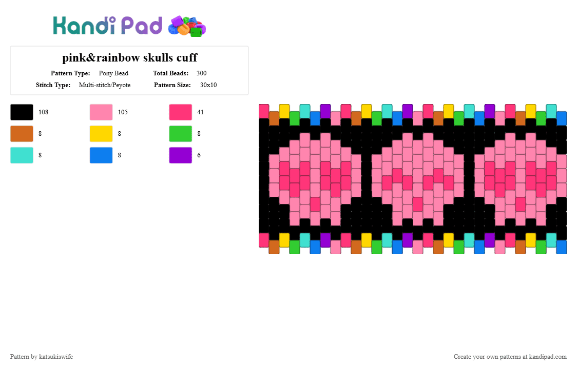 pink&rainbow skulls cuff - Pony Bead Pattern by katsukiswife on Kandi Pad - pink,red