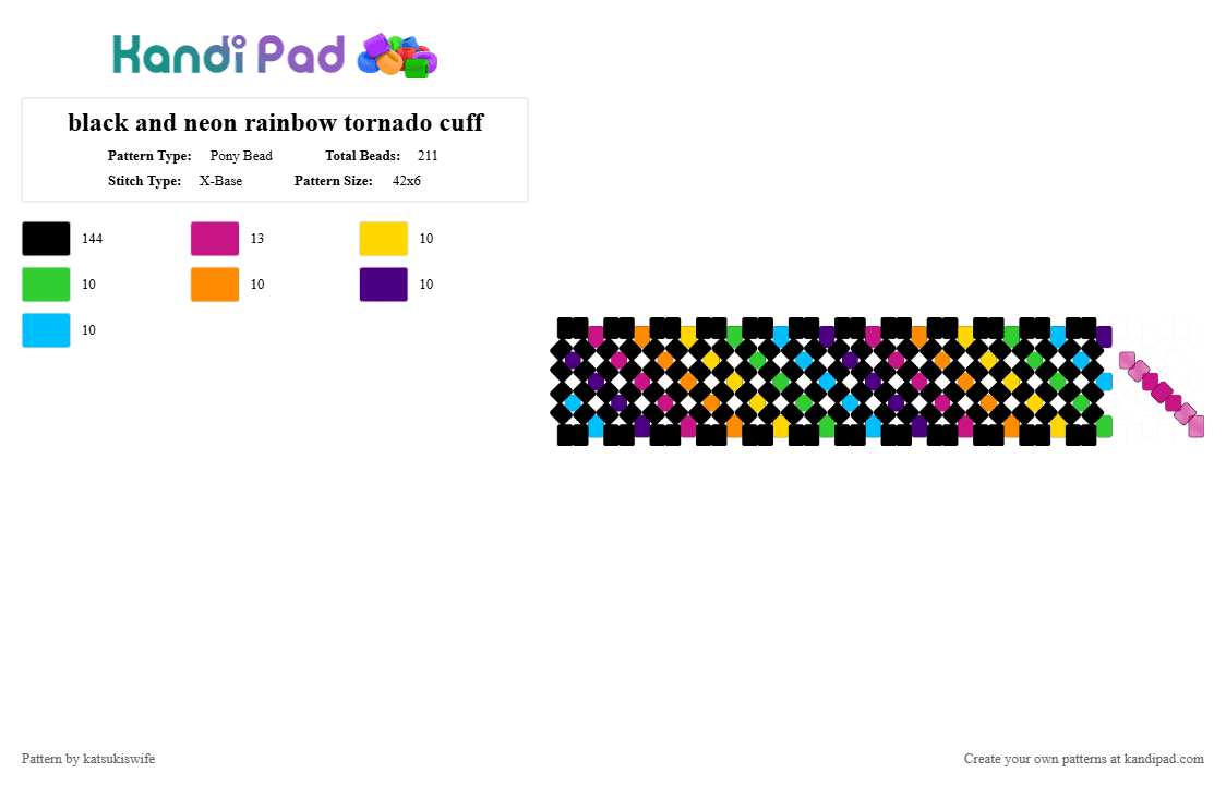 black and neon rainbow tornado cuff - Pony Bead Pattern by katsukiswife on Kandi Pad - black, pink