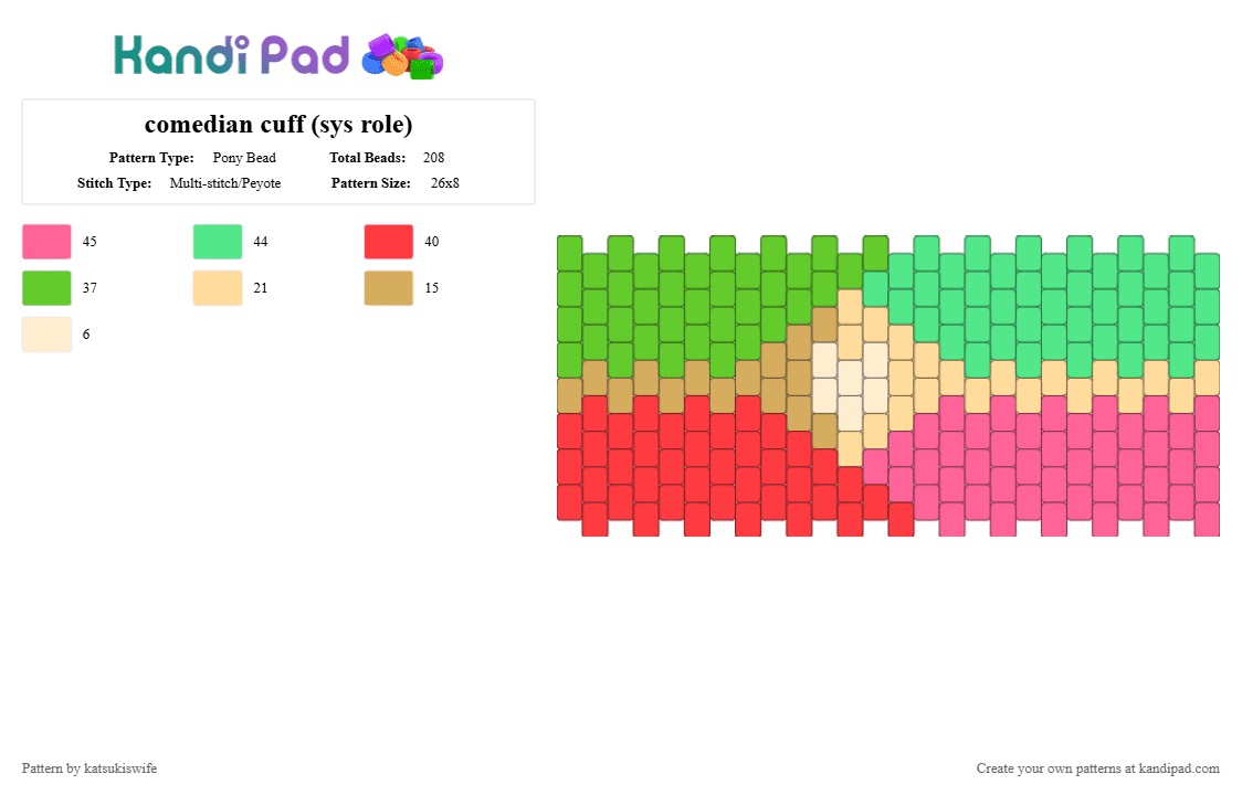 comedian cuff (sys role) - Pony Bead Pattern by katsukiswife on Kandi Pad - green,teal,red,pink