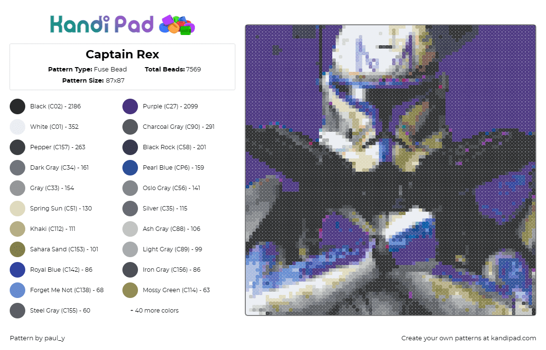 Captain Rex - Fuse Bead Pattern by paul_y on Kandi Pad - captain rex,storm trooper,clone,star wars,space saga,passion,white,purple