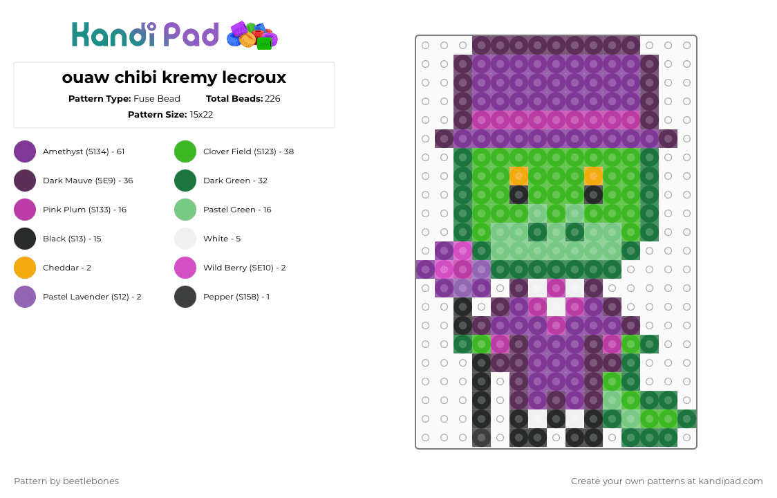 ouaw chibi kremy lecroux - Fuse Bead Pattern by beetlebones on Kandi Pad - green,pink,legends of avantris,once upon a witchlight,kremy lecroux,ouaw kremy,chibi,chibi kremy lecroux