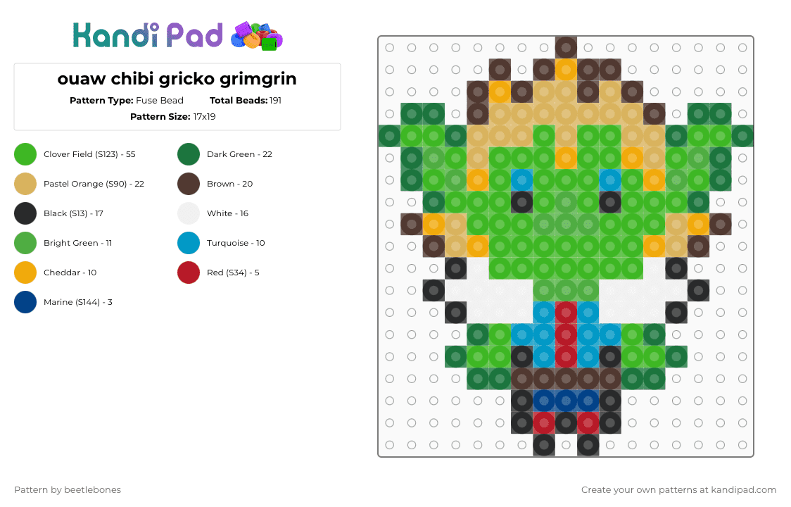 ouaw chibi gricko grimgrin - Fuse Bead Pattern by beetlebones on Kandi Pad - green,orange,legends of avantris,gricko grimgrin,once upon a witchlight,ouaw gricko,chibi gricko