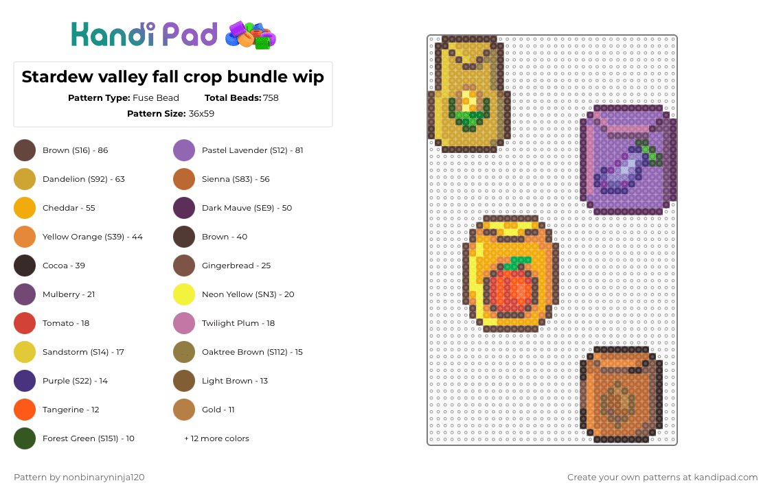 Stardew valley fall crop bundle wip - Fuse Bead Pattern by nonbinaryninja120 on Kandi Pad - brown,orange,tan,pink,stardew valley,stardew valley crops,fall bundle,fall crops bundle