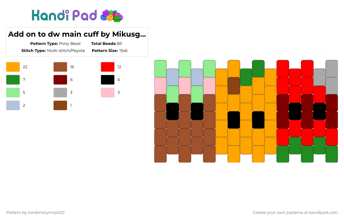 Add on to dw main cuff by Mikusgay_01 - Pony Bead Pattern by nonbinaryninja120 on Kandi Pad - red,orange,dandys world,bassie,bobbett,gourdy,cuff add on