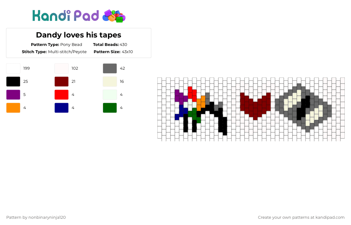 Dandy loves his tapes - Pony Bead Pattern by nonbinaryninja120 on Kandi Pad - white,gray,brown,dandy,twisted dandy,dandys world,tapes,love