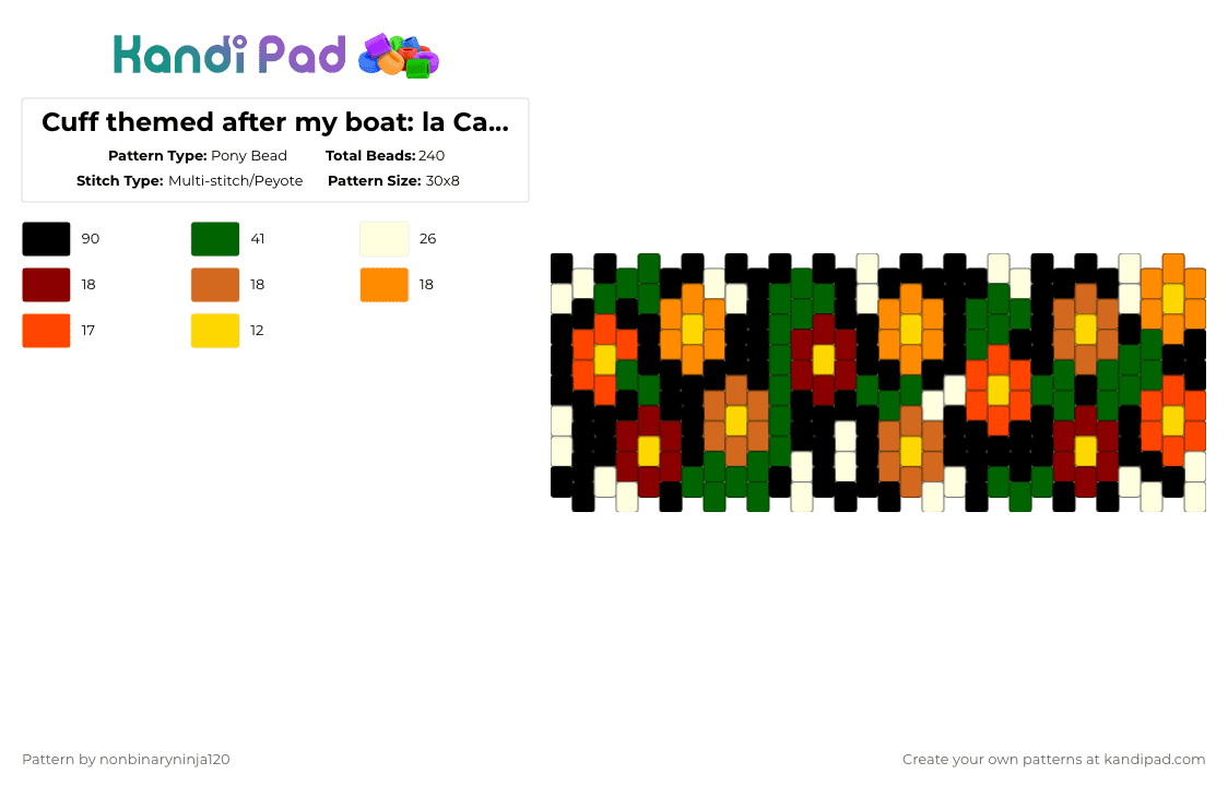 Cuff themed after my boat: la Calavera - Pony Bead Pattern by nonbinaryninja120 on Kandi Pad - red,green,orange,flowers,day of the dead,marigolds