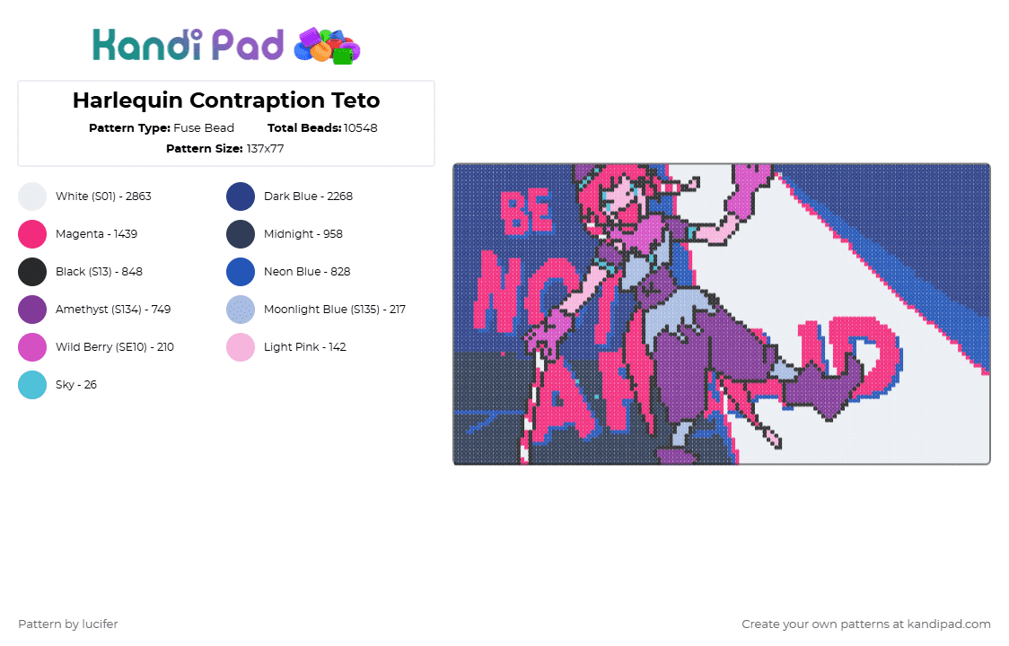 Harlequin Contraption Teto - Fuse Bead Pattern by lucifer on Kandi Pad - pink,blue,vocaloid,teto,kasane teto,harlequin contraption,vane lily