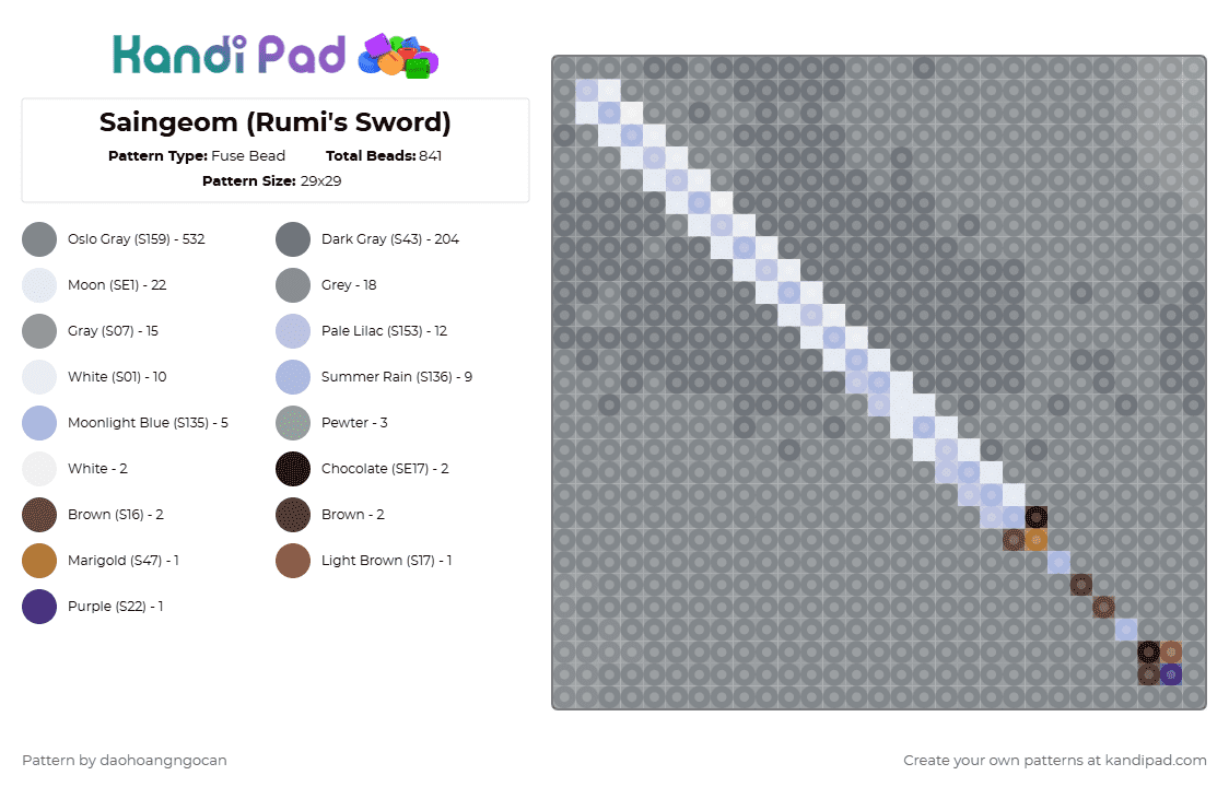 Saingeom (Rumi\'s weapon) - Fuse Bead Pattern by daohoangngocan on Kandi Pad - gray