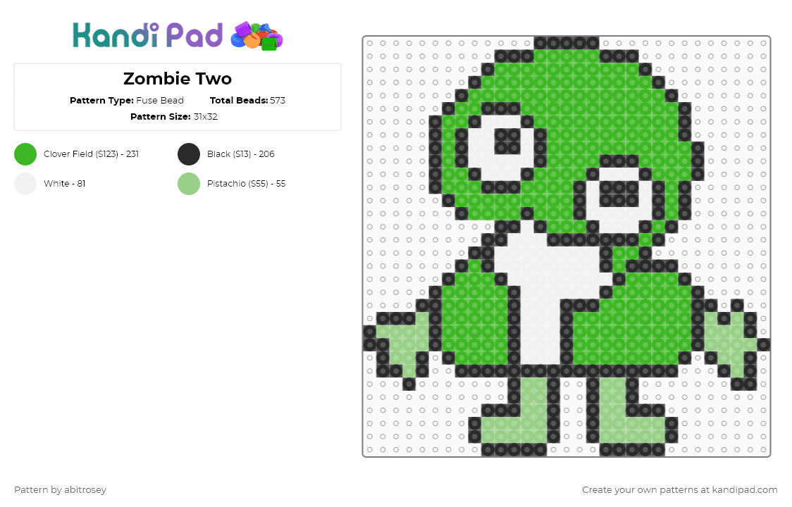 Zombie Two - Fuse Bead Pattern by abitrosey on Kandi Pad - green,bfdi,tpot,osc,object show