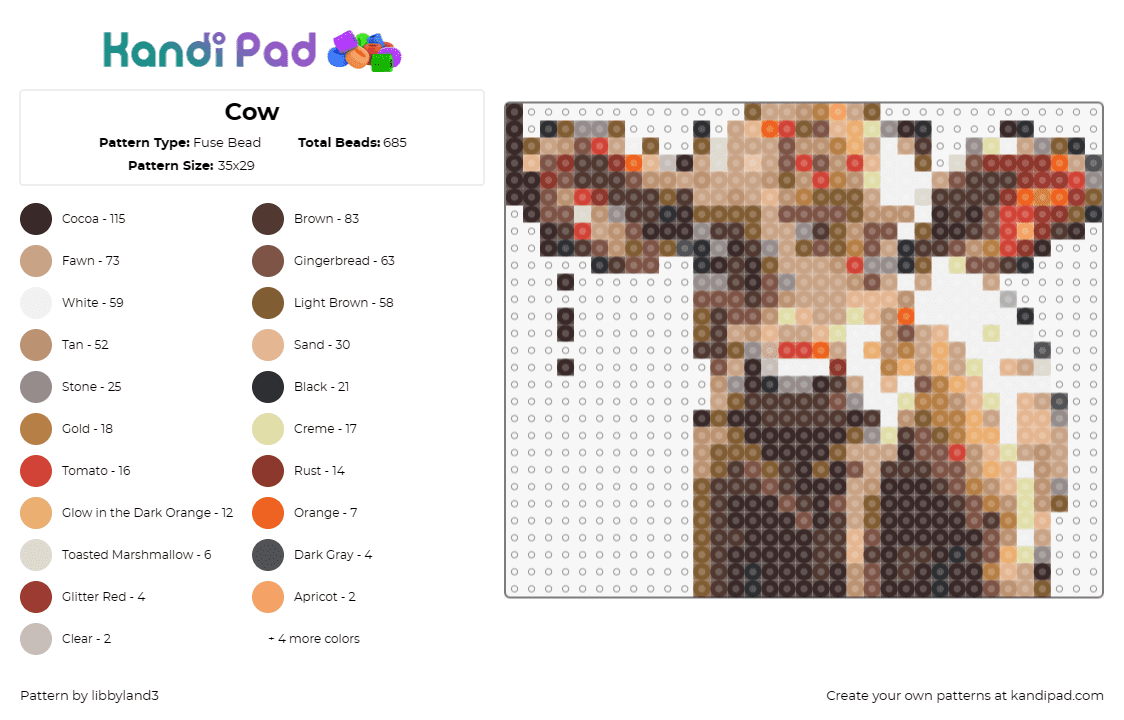 Cow - Fuse Bead Pattern by libbyland3 on Kandi Pad - cow,animal,pastoral,farm life,brown,white,beige