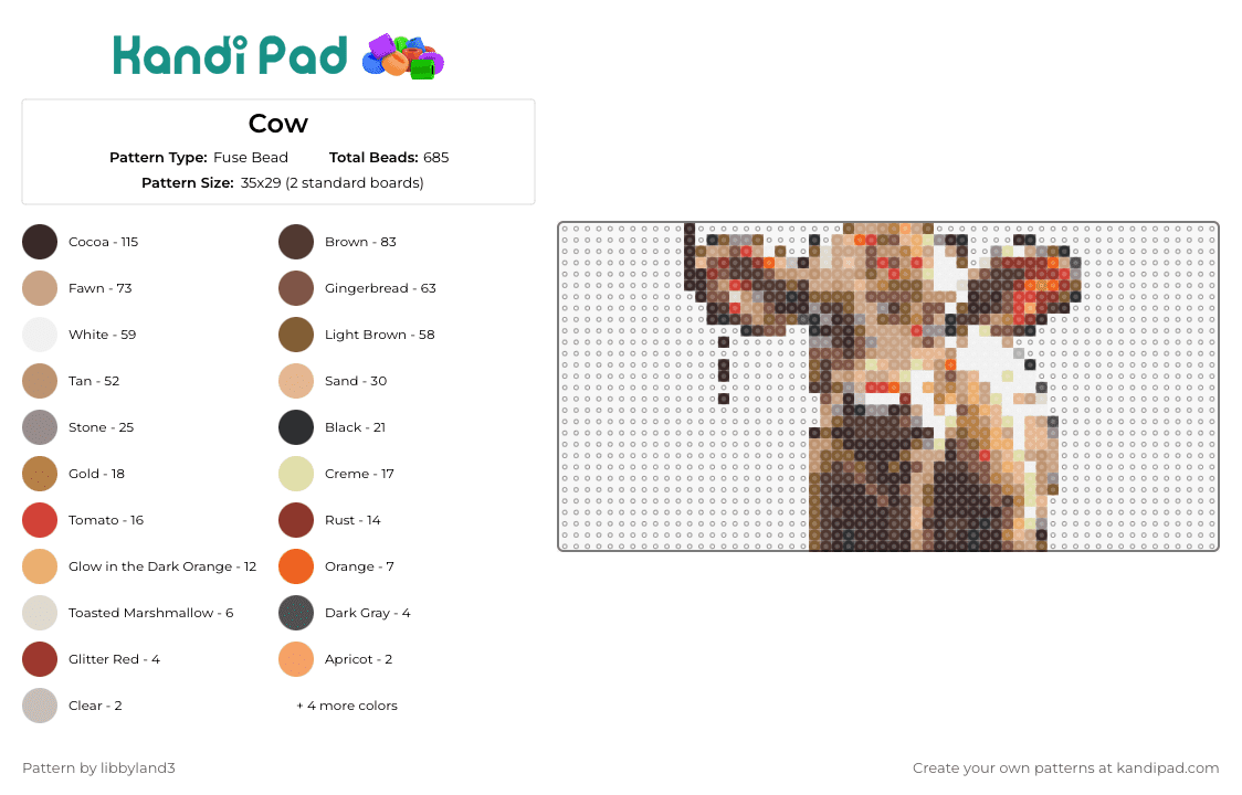 Cow - Fuse Bead Pattern by libbyland3 on Kandi Pad - cow,animal,pastoral,farm life,charming,representation,lovers,brown,white,beige