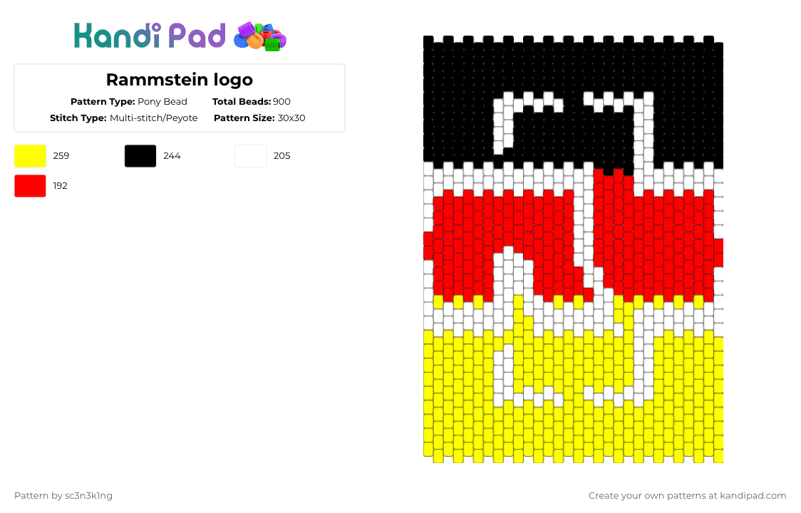 Rammstein logo - Pony Bead Pattern by sc3n3k1ng on Kandi Pad - red,yellow,rammstein,kandi,pony beads