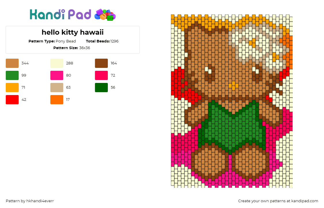 hello kitty hawaii - Pony Bead Pattern by hkhandi4everr on Kandi Pad - hello kitty,sanrio,hawaii,tropical,vibrant,beloved character,adorable,pink,green