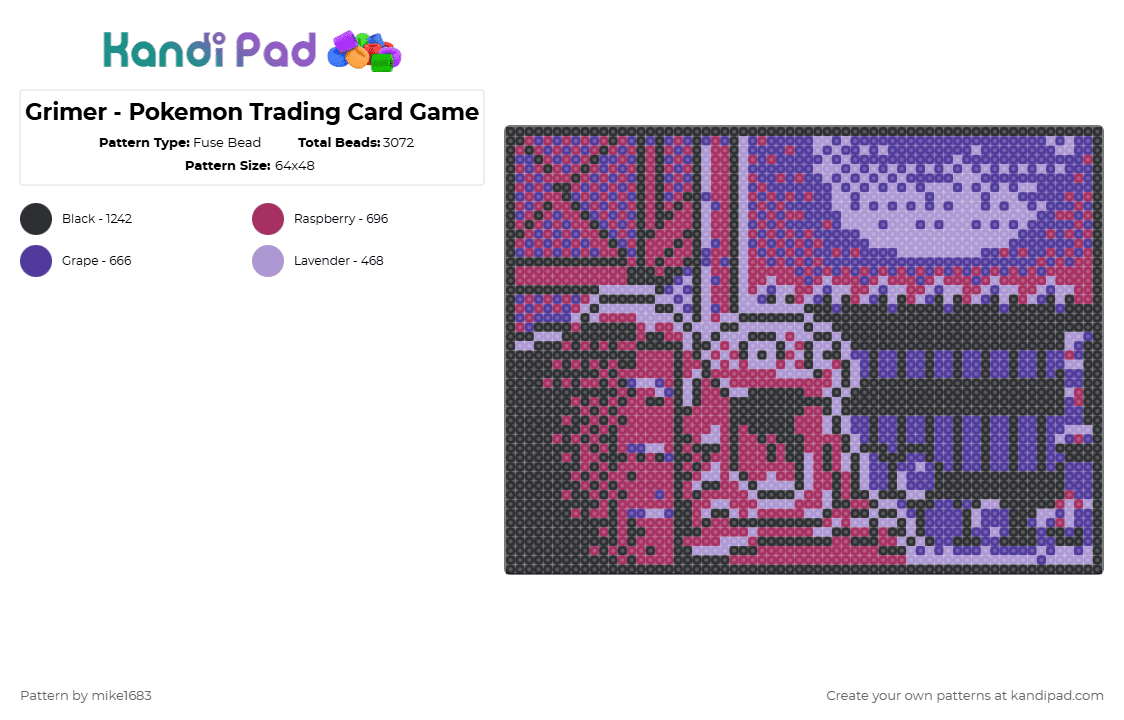 Grimer - Pokemon Trading Card Game - Fuse Bead Pattern by mike1683 on Kandi Pad - pink,purple,pokemon,grimer,pokemon trading card game,trading,card,game,gbc,gameboy