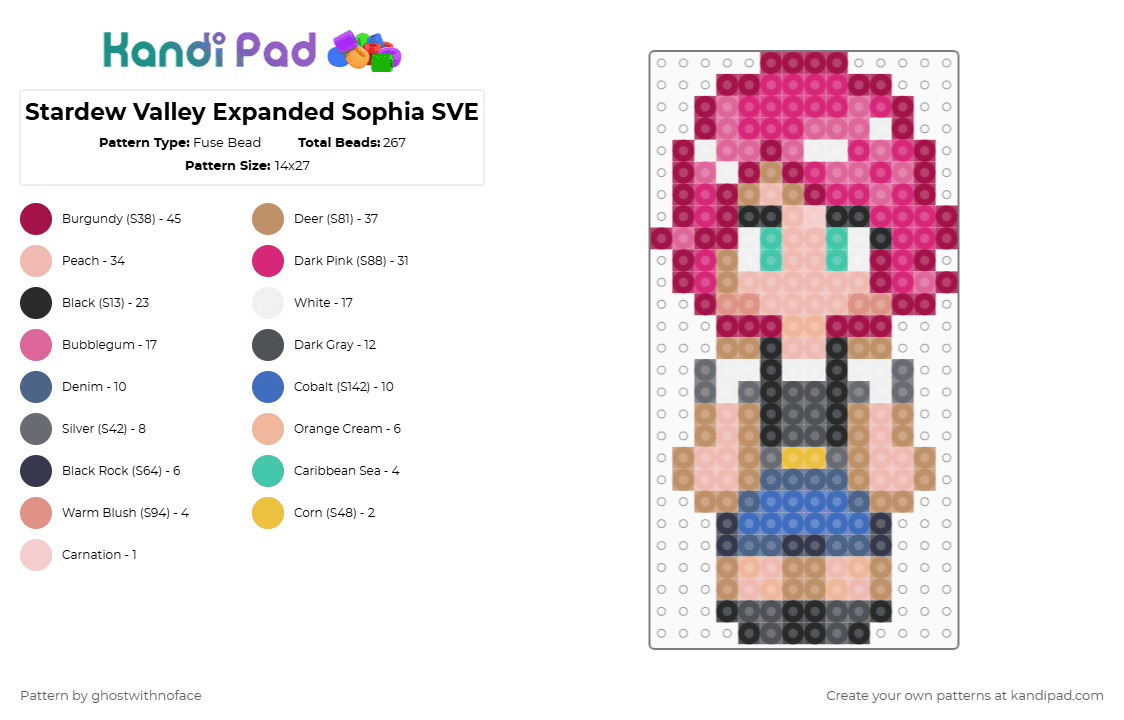 Stardew Valley Expanded Sophia SVE - Fuse Bead Pattern by ghostwithnoface on Kandi Pad - pink,beige,tan,stardew valley,stardew valley expanded,female npc,romanceable npc