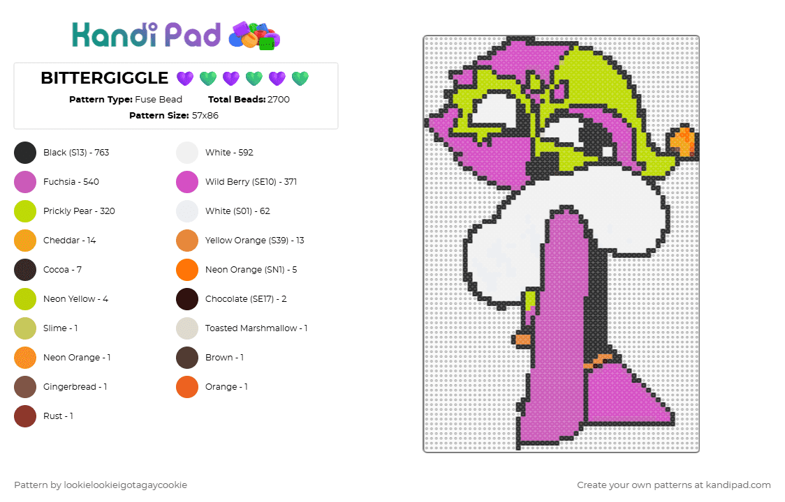 BITTERGIGGLE 💜💚💜💚💜💚 - Fuse Bead Pattern by lookielookieigotagaycookie on Kandi Pad - pink,green,bittergiggle,gobb,kandi,cute,smallbcarly