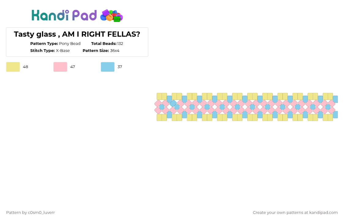 Tasty glass , AM I RIGHT FELLAS? - Pony Bead Pattern by tr1p_m1ne_xp on Kandi Pad - pink,yellow,cotdglass,pan,blue