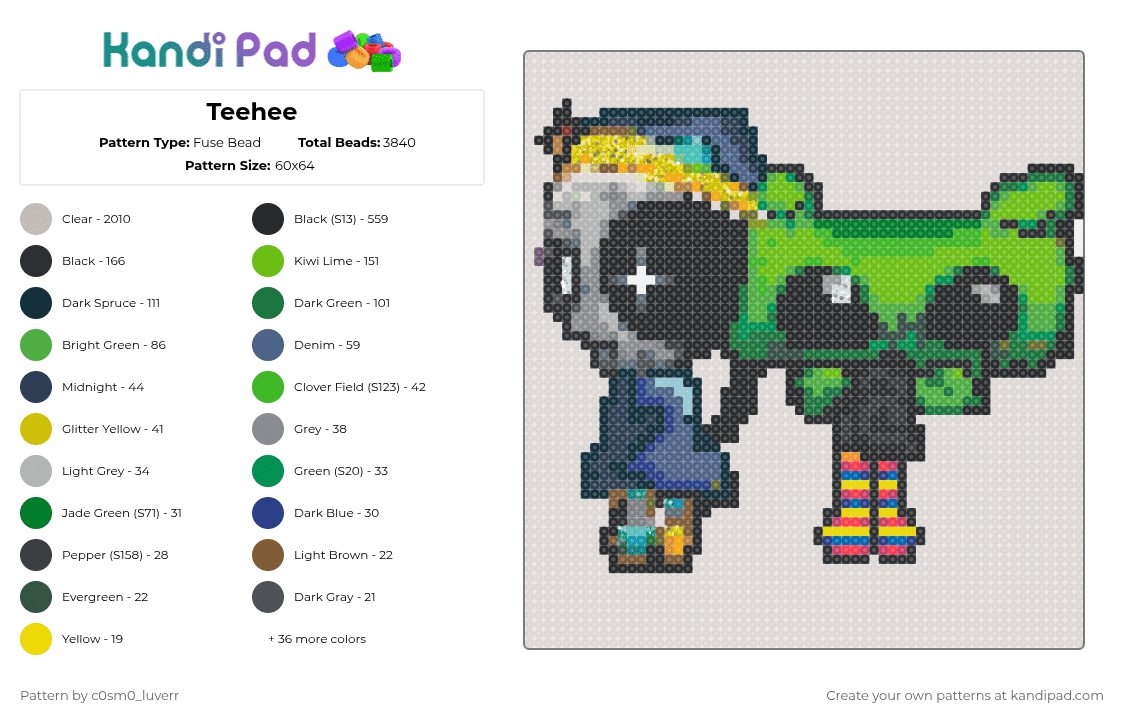 Teehee - Fuse Bead Pattern by tr1p_m1ne_xp on Kandi Pad - astro,cosmo,green,white,black,dandysworld,roblox,xp