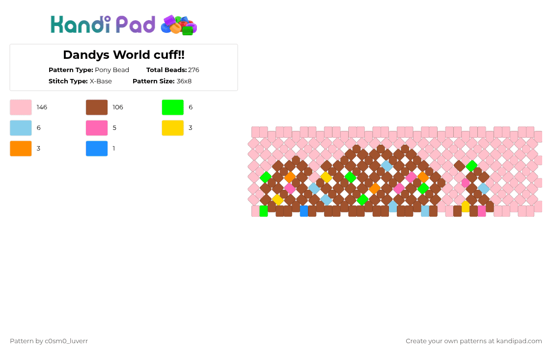 Dandys World cuff!! - Pony Bead Pattern by tr1p_m1ne_xp on Kandi Pad - red,pink,cosmo,green,blue,yellow,light pink,brown