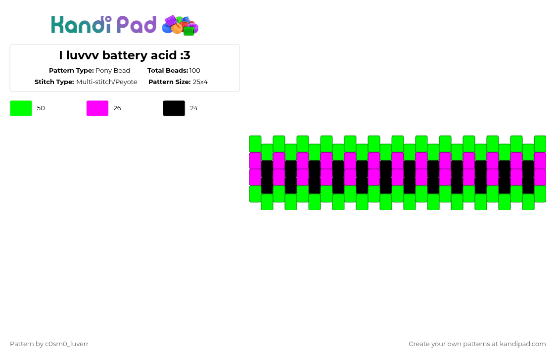 I luvvv battery acid :3 - Pony Bead Pattern by tr1p_m1ne_xp on Kandi Pad - green,pink,black