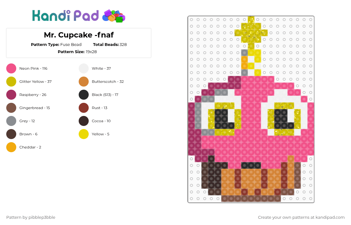 Mr. Cupcake -fnaf - Fuse Bead Pattern by pibblep3bble on Kandi Pad - pink,yellow,fnaf,games,scary,cute,yum,cupcake,food