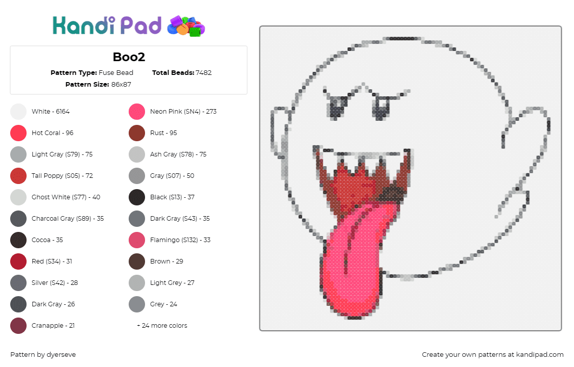 Boo2 - Fuse Bead Pattern by dyerseve on Kandi Pad - boo,ghost,mario,nintendo,cheeky,playful,tongue,white,red,black