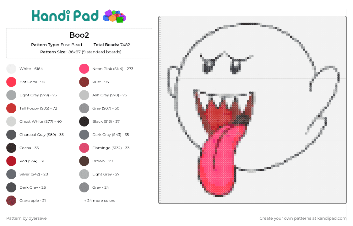 Boo2 - Fuse Bead Pattern by dyerseve on Kandi Pad - boo,ghost,mario,nintendo,iconic,cheeky,playful,tongue,white,red,black
