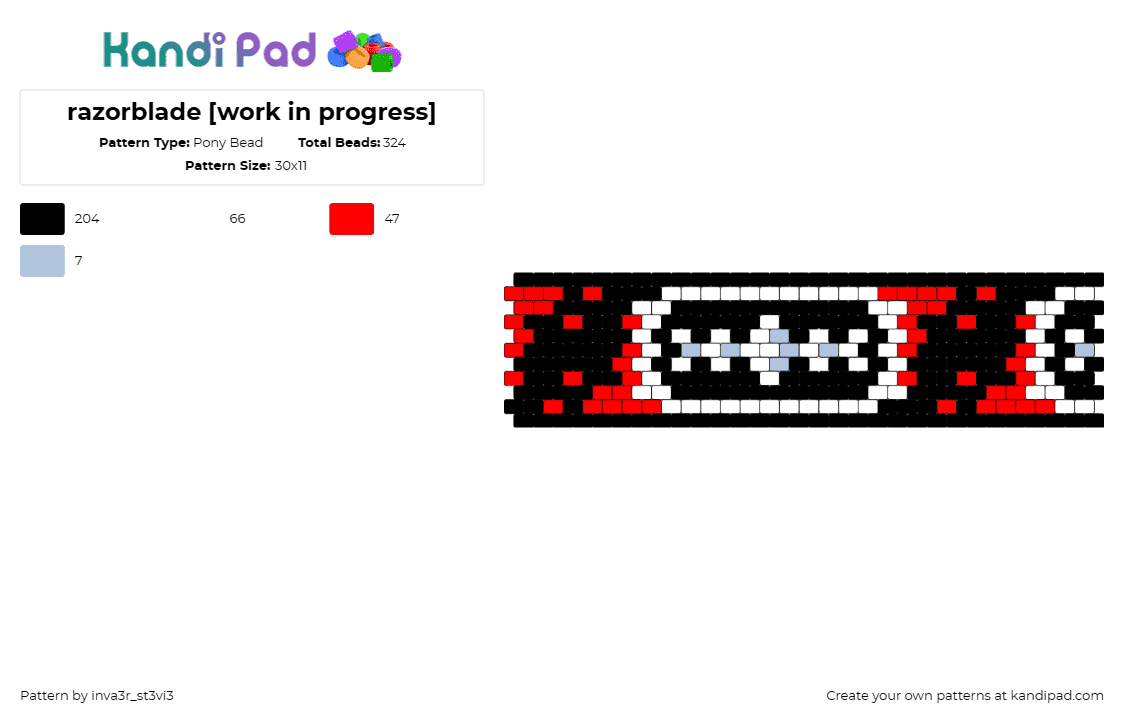 razorblade [work in progress] - Pony Bead Pattern by inva3r_st3vi3 on Kandi Pad - razor blade,cuff,edgy,contrast,statement,red,white,black