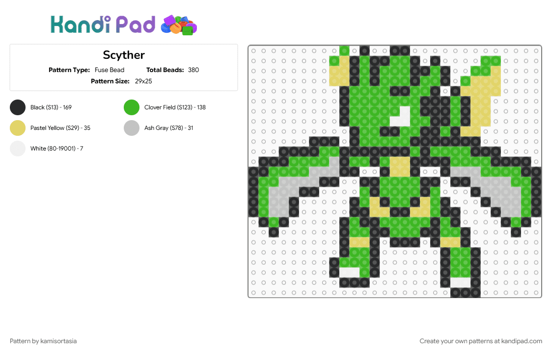 Scyther - Fuse Bead Pattern by kamisortasia on Kandi Pad - green