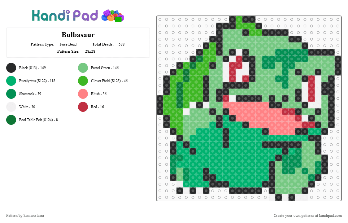 Bulbasaur - Fuse Bead Pattern by kamisortasia on Kandi Pad - green,teal