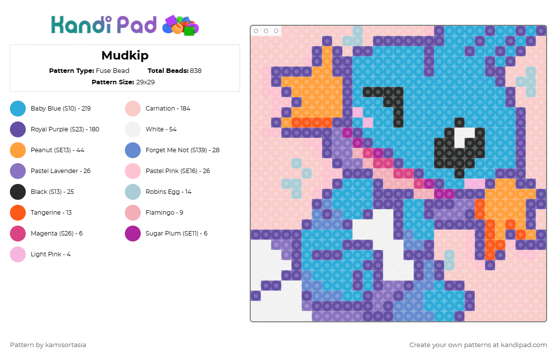 Mudkip - Fuse Bead Pattern by kamisortasia on Kandi Pad - light blue,purple,beige