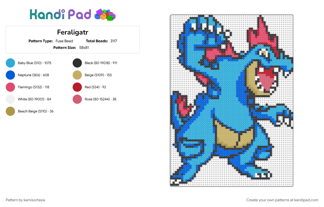 Feraligatr - Fuse Bead Pattern by kamisortasia on Kandi Pad - blue, light blue