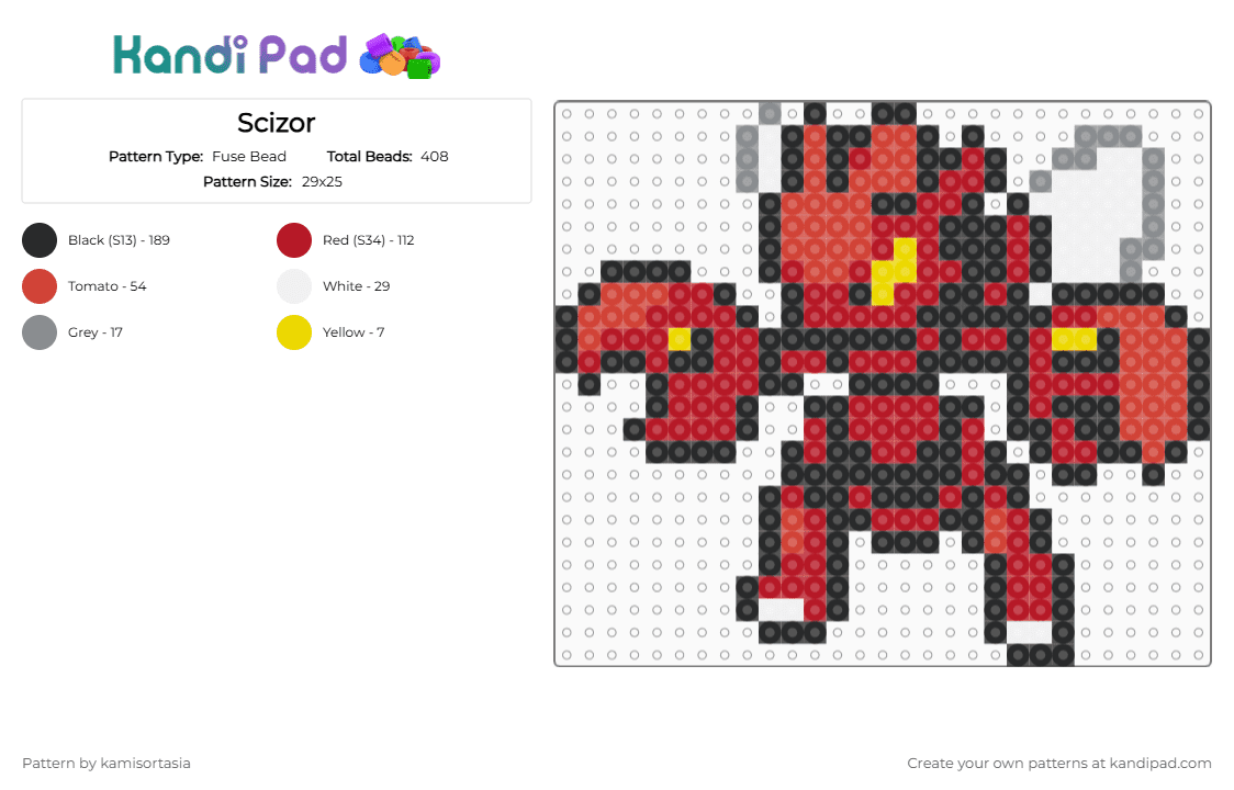 Scizor - Fuse Bead Pattern by kamisortasia on Kandi Pad - red