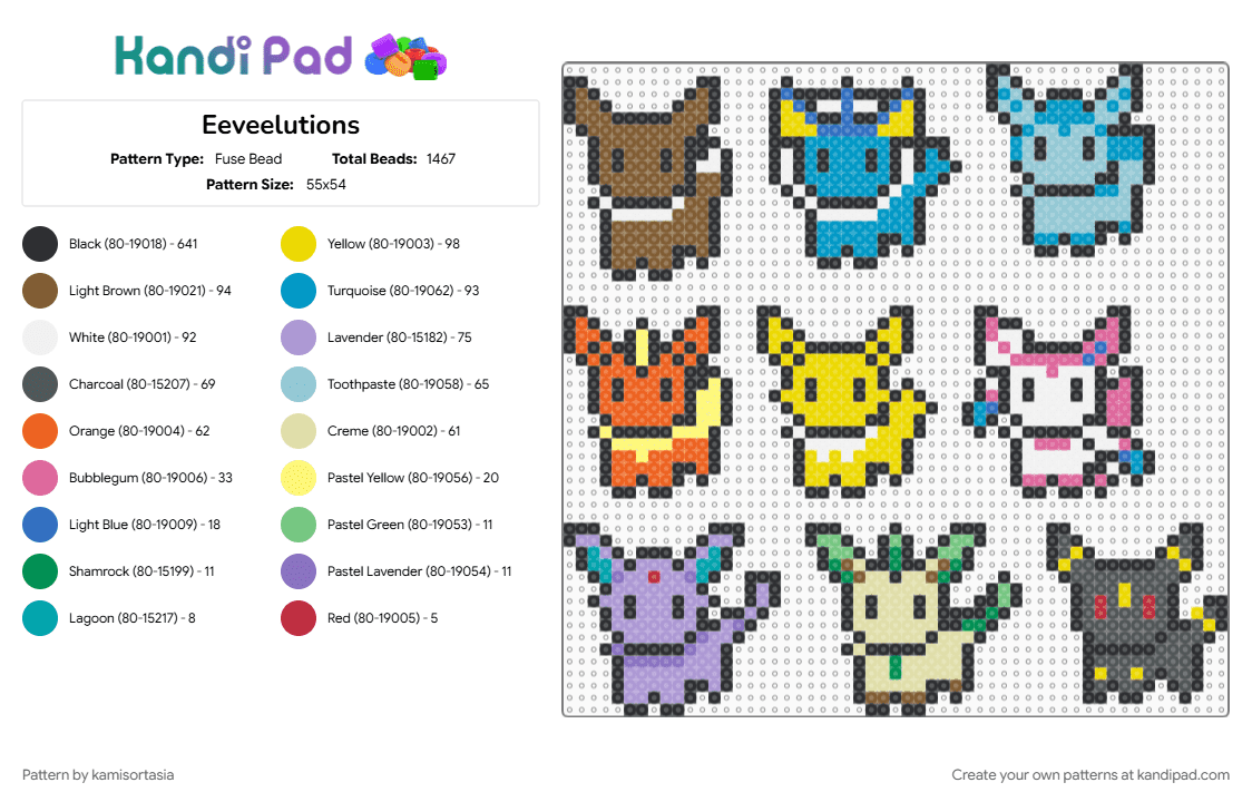 Eeveelutions - Fuse Bead Pattern by kamisortasia on Kandi Pad - black, colorful, light blue, pink, yellow