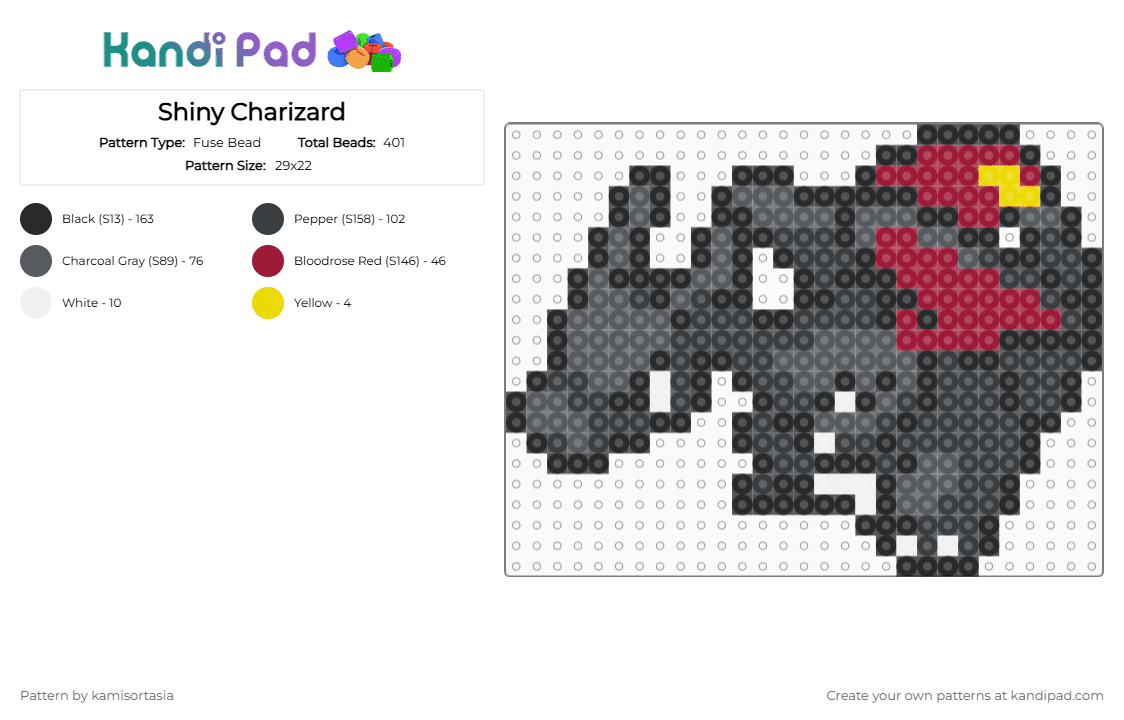 Shiny Charizard - Fuse Bead Pattern by kamisortasia on Kandi Pad - black,red,gray