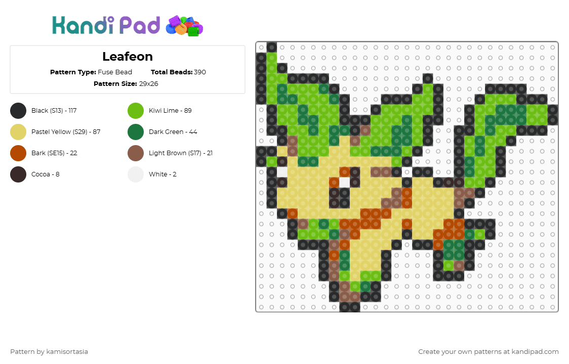 Leafeon - Fuse Bead Pattern by kamisortasia on Kandi Pad - green,yellow