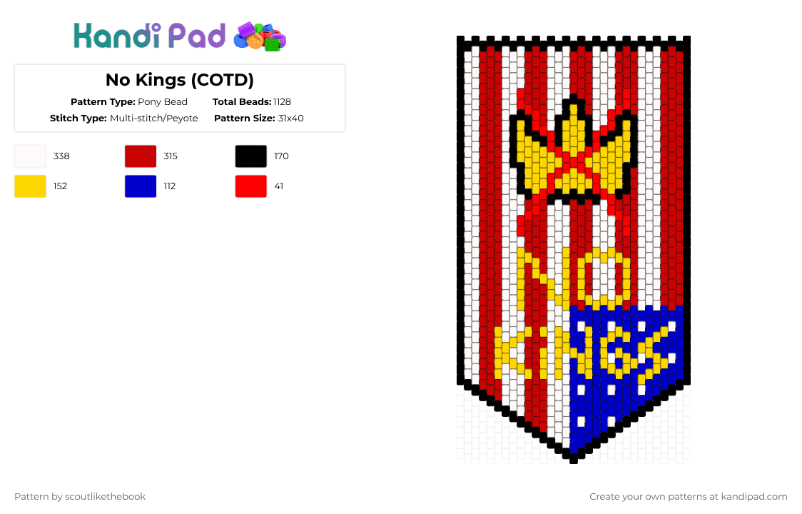 No Kings (COTD) - Pony Bead Pattern by scoutlikethebook on Kandi Pad - red,cotdcrowns,protest,america,banner,flag