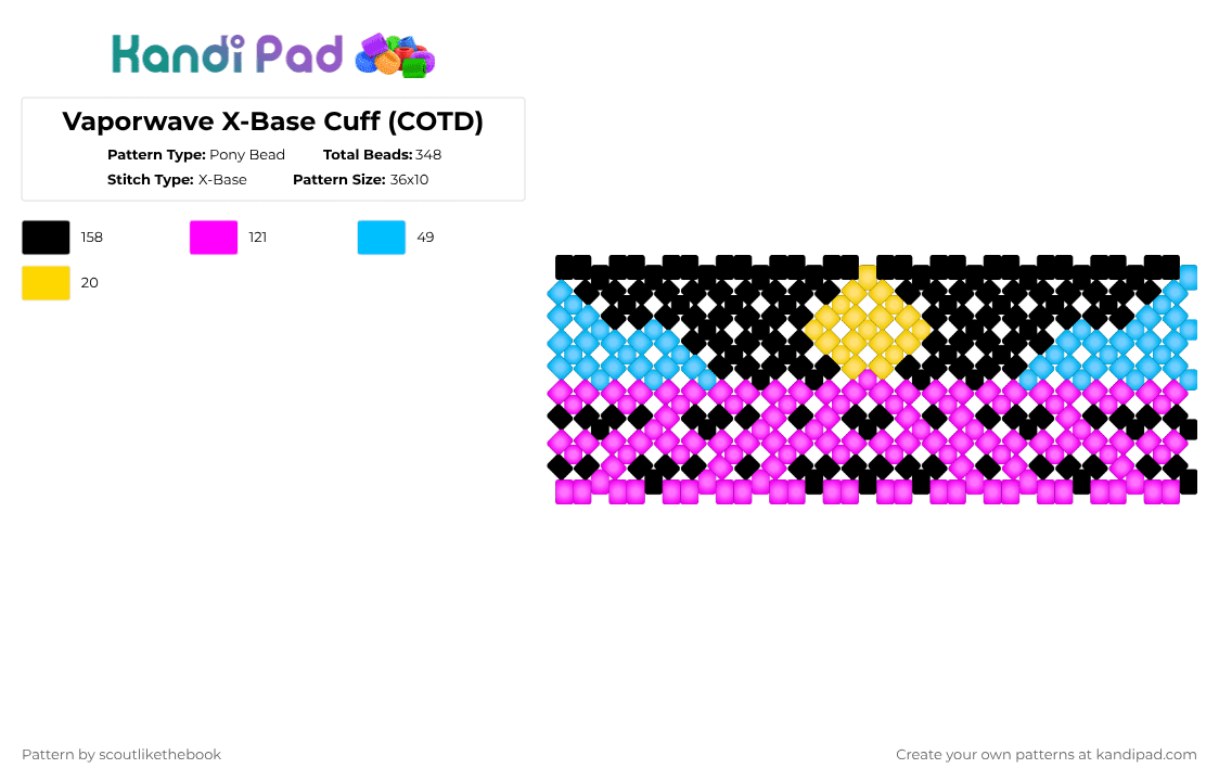 Vaporwave X-Base Cuff (COTD) - Pony Bead Pattern by scoutlikethebook on Kandi Pad - pink,cotdvaporwave,retro,neon,music