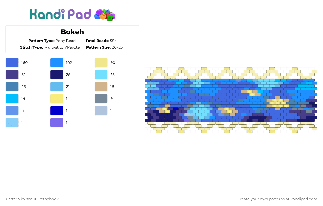 Bokeh - Pony Bead Pattern by scoutlikethebook on Kandi Pad - blue,light blue,yellow,cotdbokeh,pattern,glow,aesthetic,cuff