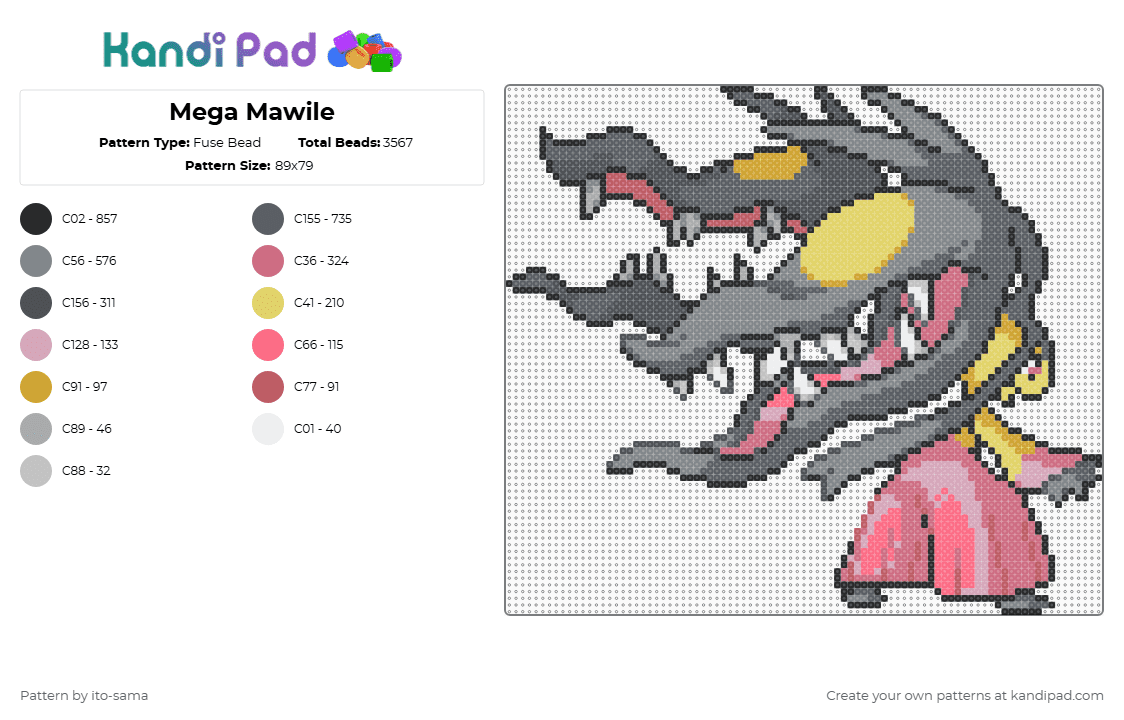 Mega Mawile - Fuse Bead Pattern by ito-sama on Kandi Pad - creature,gaming,video game,pokemon,gray,pink,mawile