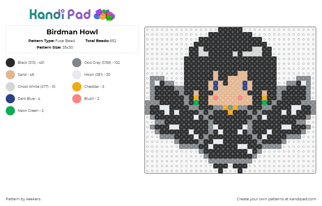 Birdman Howl - Fuse Bead Pattern by keekers on Kandi Pad - birdman,howls moving castle,character,winged,dark,chibi,black,anime